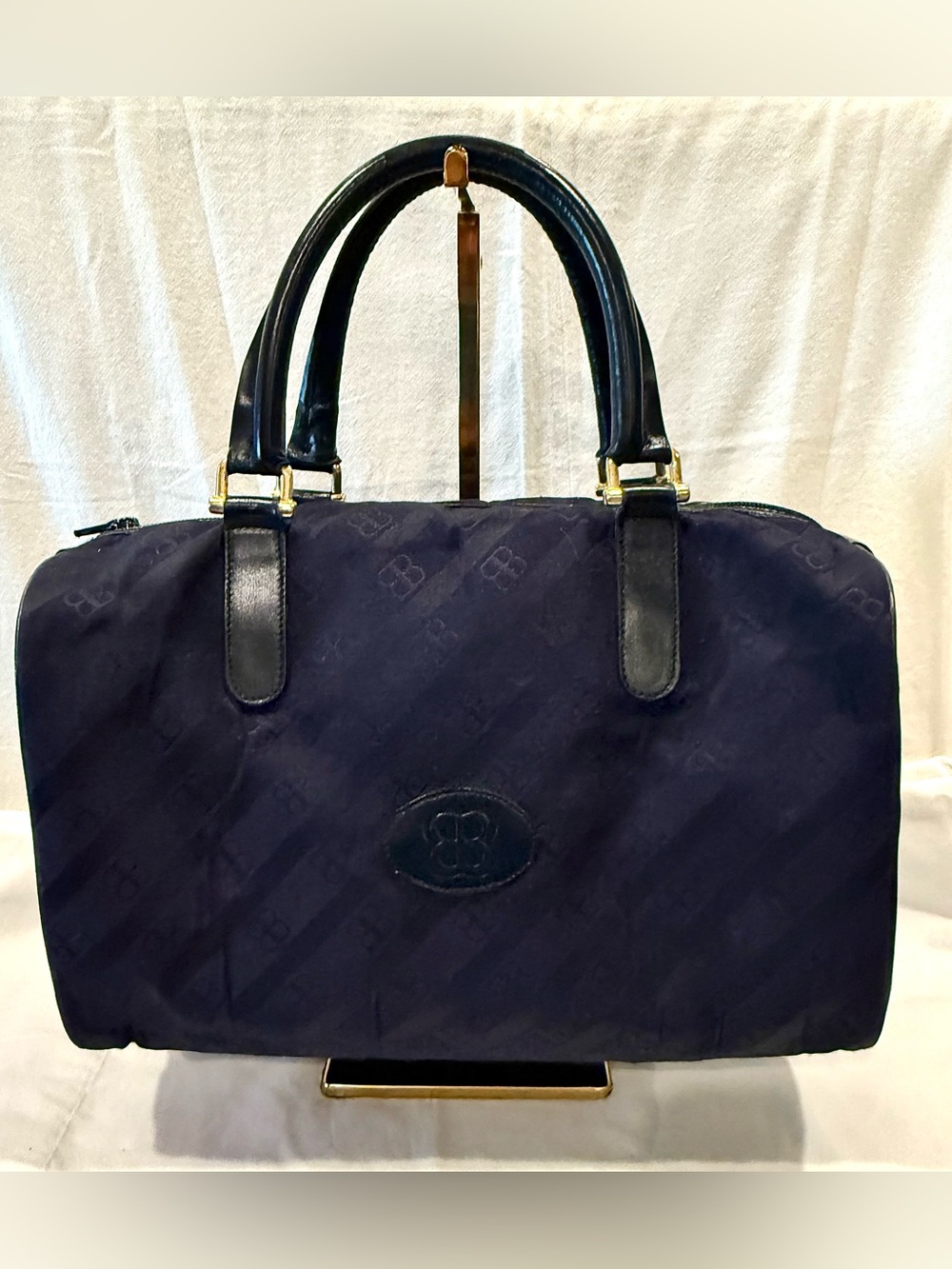 Vintage Balenciaga BB Logo All Over Pattern Boston Bag In Jacquard And Leather